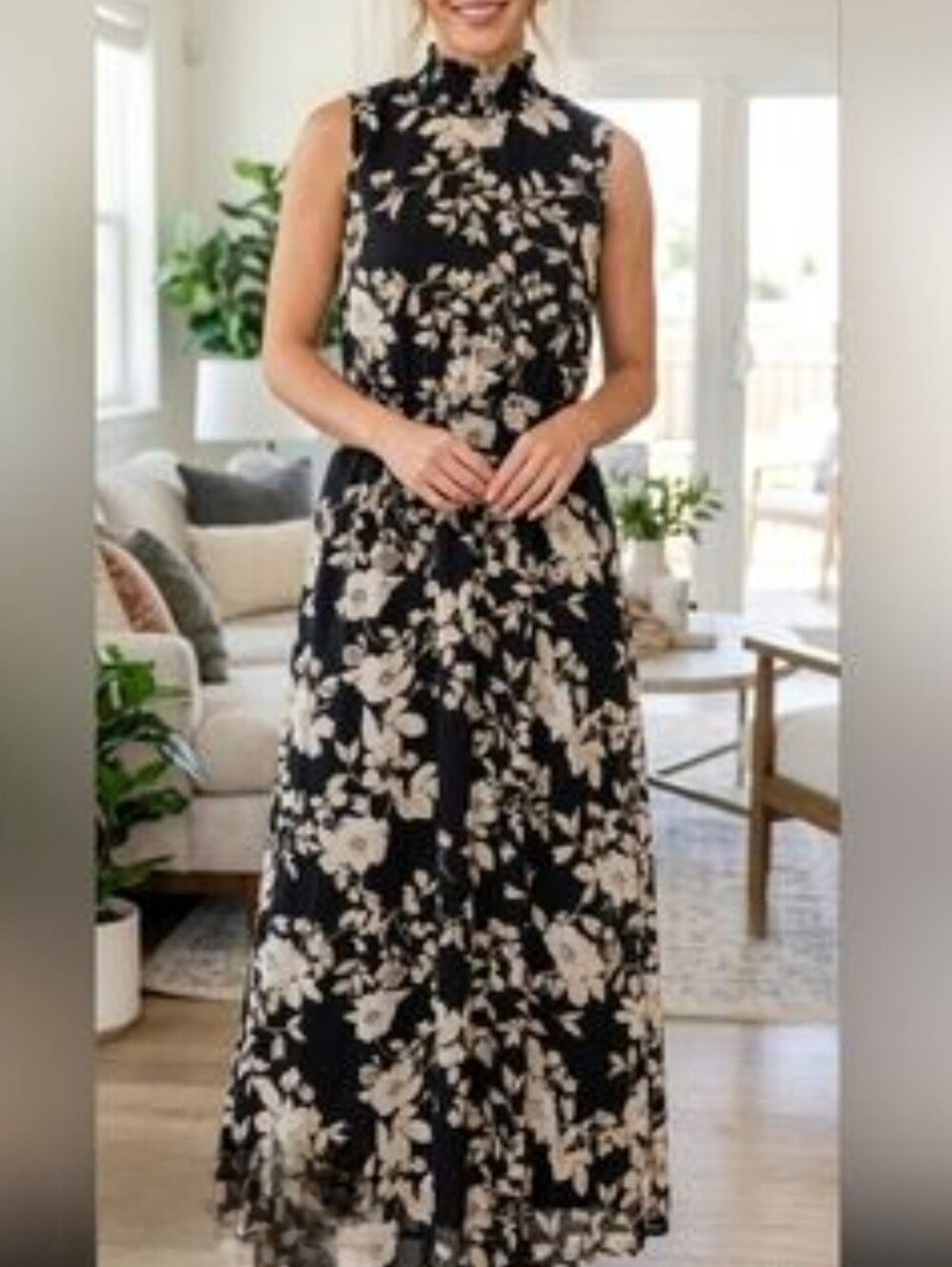 Nanette Lepore Black and Cream High-Neck Floral Maxi Dress